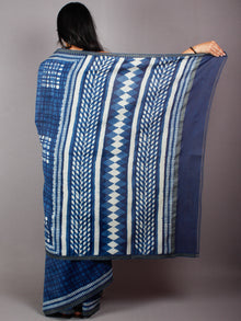 Indigo White Hand Block Printed in Natural Vegetable Colors Chanderi Saree With Geecha Border - S03170476