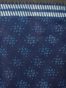 Indigo White Hand Block Printed in Natural Vegetable Colors Chanderi Saree With Geecha Border - S03170476