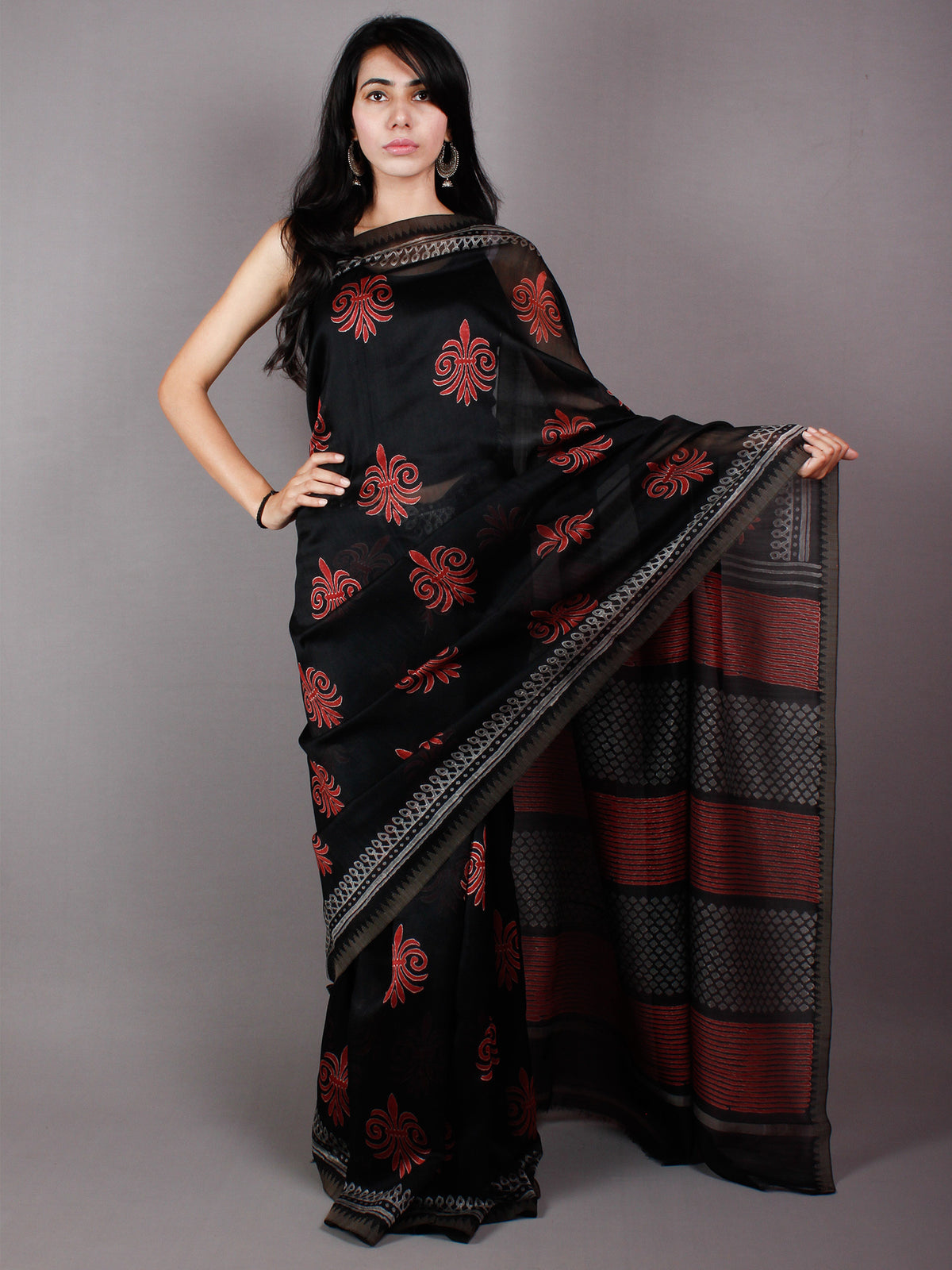 Black Red Grey Hand Block Printed in Natural Vegetable Colors Chanderi Saree With Geecha Border - S03170477