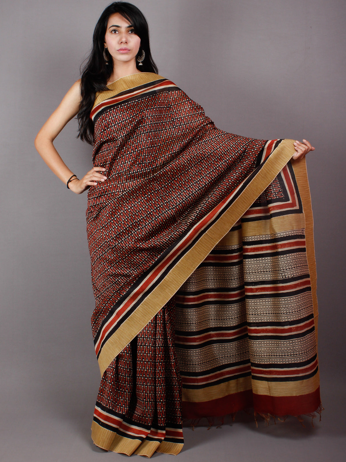 Black Red Beige Hand Block Printed in Natural Vegetable Colors Chanderi Saree With Geecha Border - S03170478