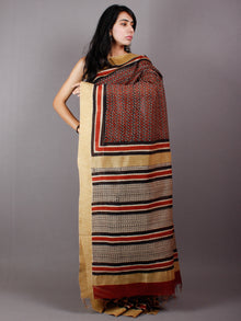 Black Red Beige Hand Block Printed in Natural Vegetable Colors Chanderi Saree With Geecha Border - S03170478