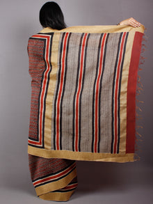Black Red Beige Hand Block Printed in Natural Vegetable Colors Chanderi Saree With Geecha Border - S03170478