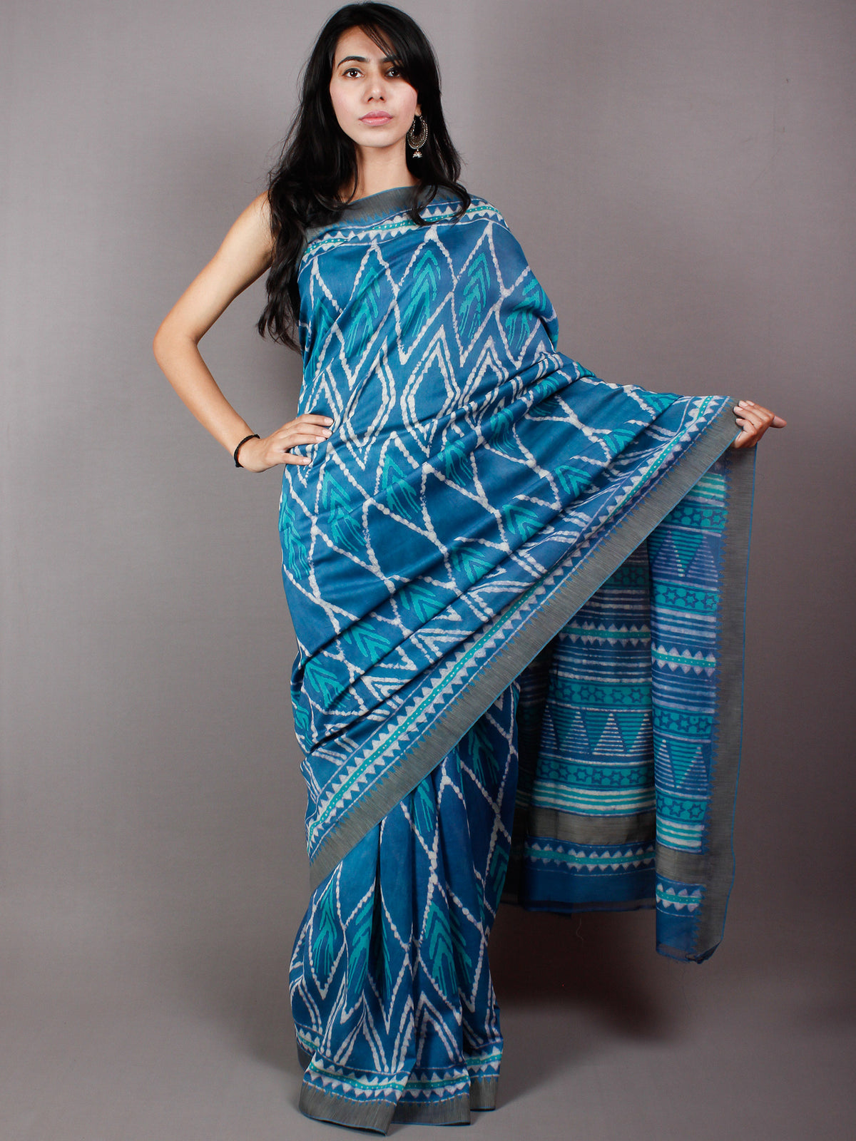 Persian & Cyan Blue Ivory Hand Block Printed in Natural Vegetable Colors Chanderi Saree With Geecha Border - S03170482