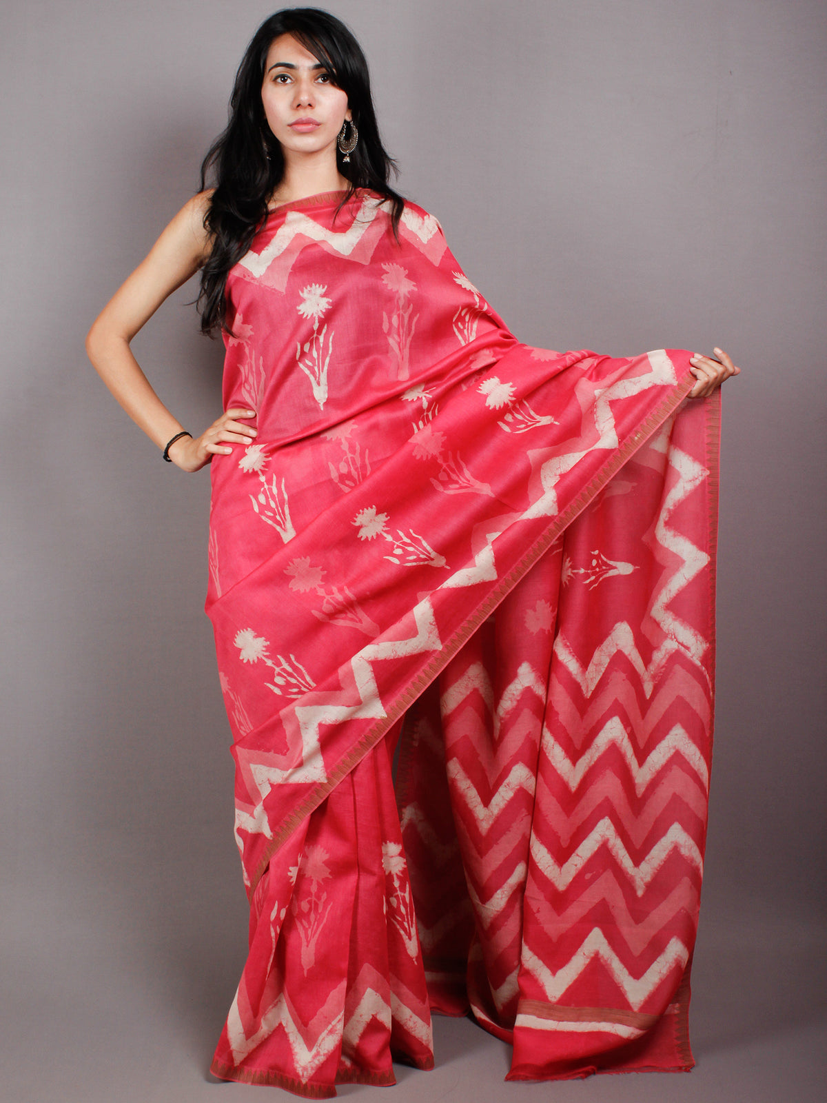 Pink Beige Hand Block Printed in Natural Vegetable Colors Chanderi Saree With Geecha Border - S03170483