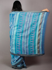 Persian & Cyan Blue Ivory Hand Block Printed in Natural Vegetable Colors Chanderi Saree With Geecha Border - S03170482