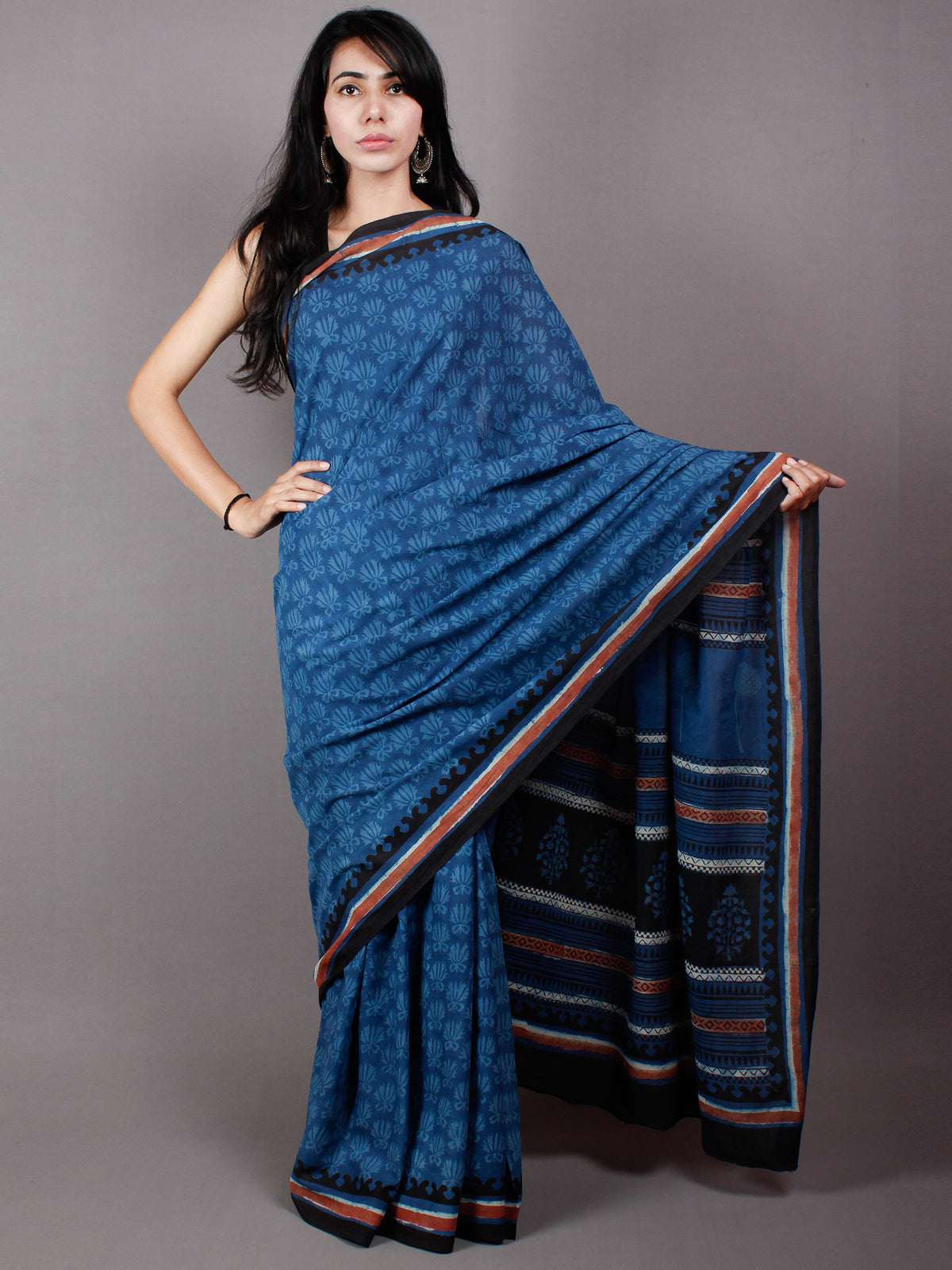 True Blue & Baby Blue Cotton Hand Block Printed Saree in Natural Colors With Red Black Border - S03170484