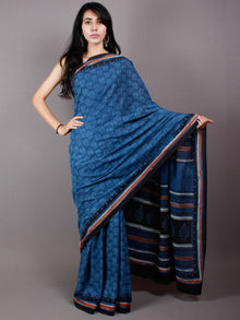 True Blue & Baby Blue Cotton Hand Block Printed Saree in Natural Colors With Red Black Border - S03170484