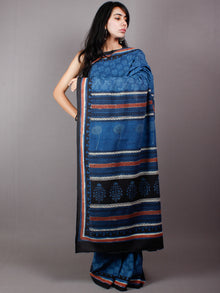 True Blue & Baby Blue Cotton Hand Block Printed Saree in Natural Colors With Red Black Border - S03170484