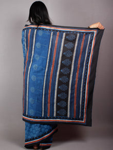 True Blue & Baby Blue Cotton Hand Block Printed Saree in Natural Colors With Red Black Border - S03170484