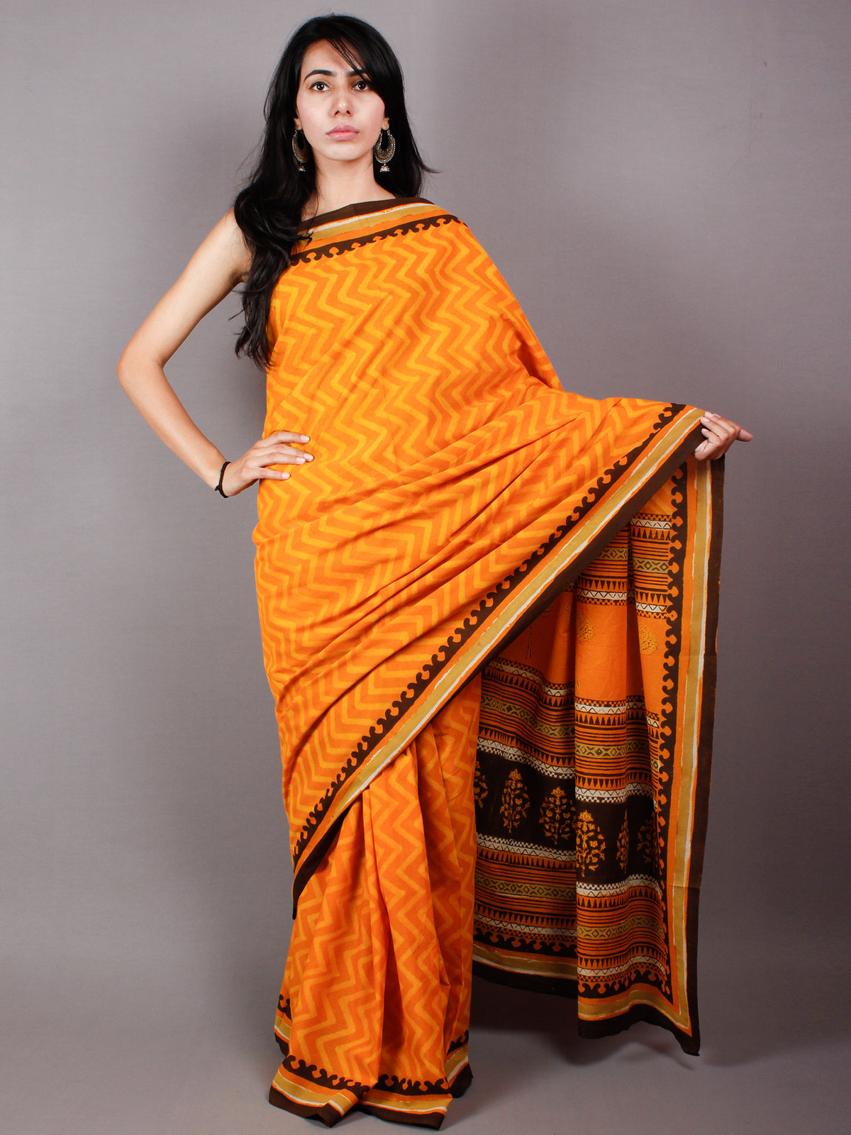 Orange Yellow Cotton Hand Block Printed Saree in Natural Colors With Brown Border - S03170486