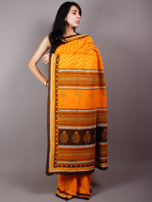 Orange Yellow Cotton Hand Block Printed Saree in Natural Colors With Brown Border - S03170486