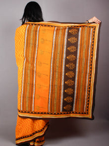 Orange Yellow Cotton Hand Block Printed Saree in Natural Colors With Brown Border - S03170486