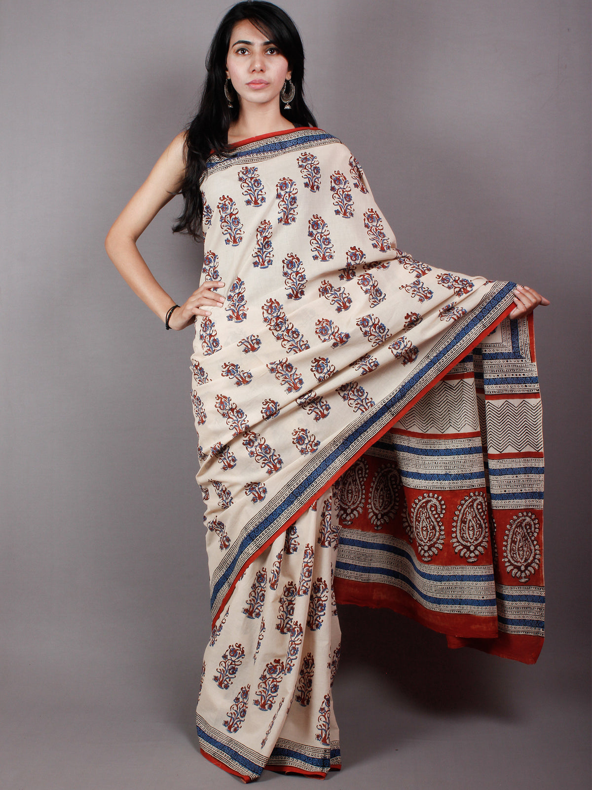 Beige Red Blue Cotton Hand Block Printed Saree in Natural Colors With Multi Color Border - S03170490