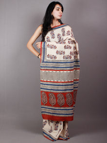 Beige Red Blue Cotton Hand Block Printed Saree in Natural Colors With Multi Color Border - S03170490