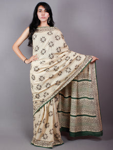Beige Black Green Cotton Hand Block Printed Saree in Natural Colors With Multi Color Border - S03170491