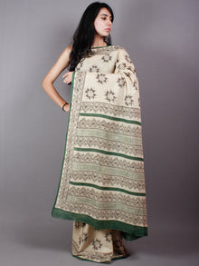 Beige Black Green Cotton Hand Block Printed Saree in Natural Colors With Multi Color Border - S03170491