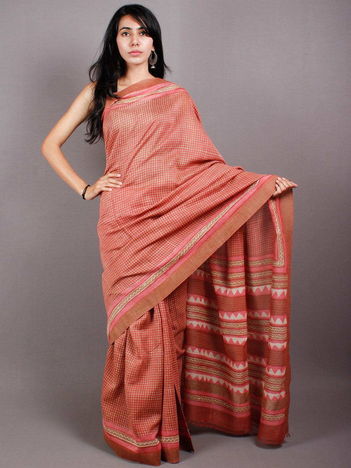 Pastel Peach Beige Hand Block Printed in Natural Vegetable Colors Chanderi Saree With Geecha Border - S03170494