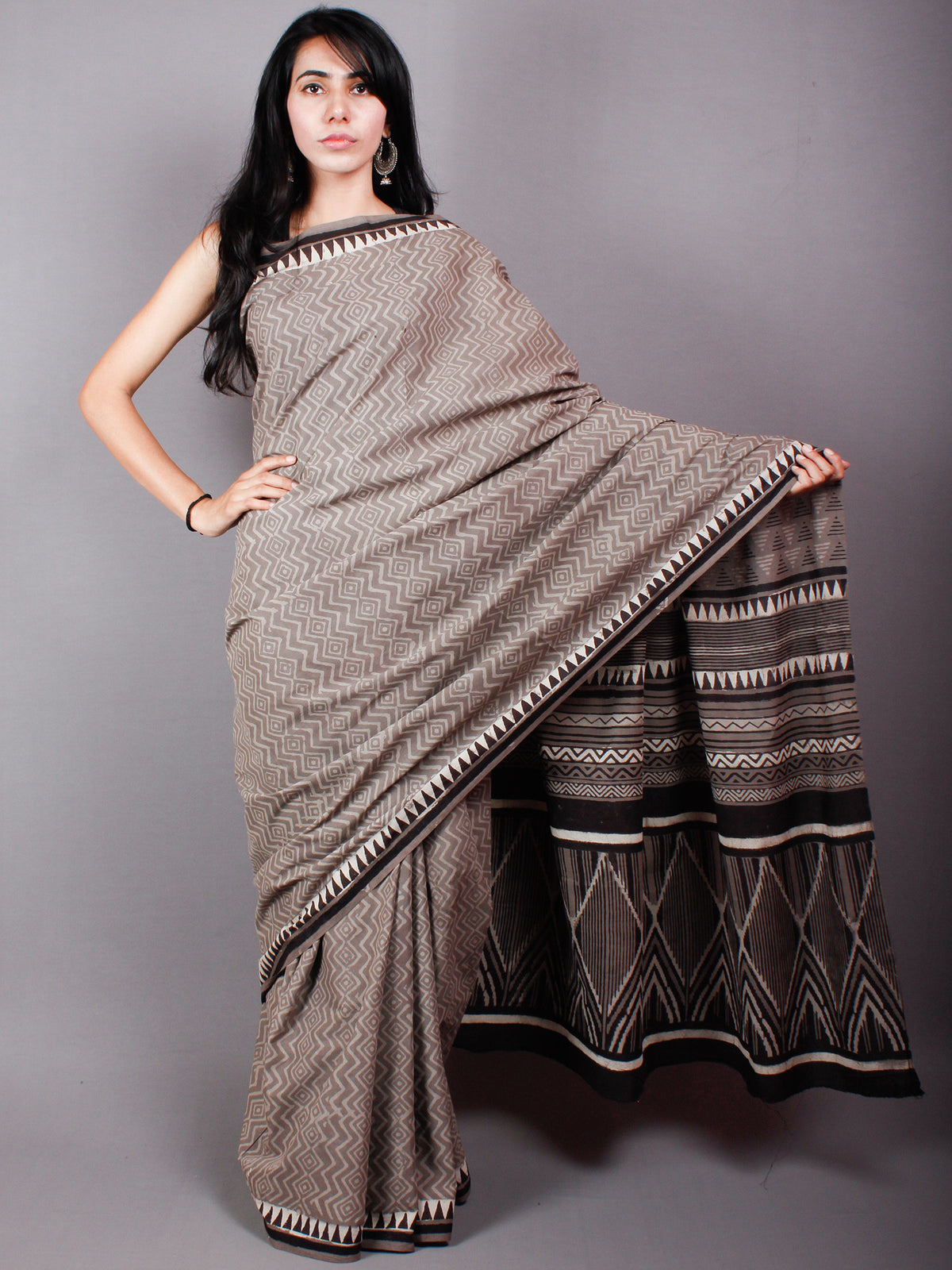 Brown Black Beige Cotton Hand Block Printed Saree in Natural Colors - S03170493