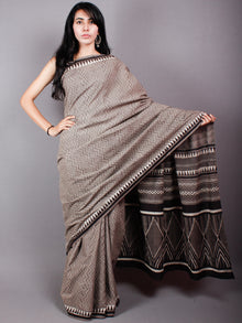 Brown Black Beige Cotton Hand Block Printed Saree in Natural Colors - S03170493