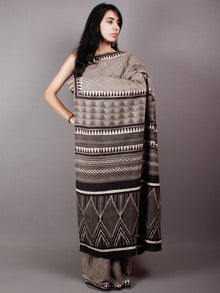 Brown Black Beige Cotton Hand Block Printed Saree in Natural Colors - S03170493