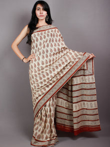 Beige Red Black Cotton Hand Block Printed Saree in Natural Colors - S03170497