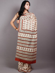 Beige Red Black Cotton Hand Block Printed Saree in Natural Colors - S03170497