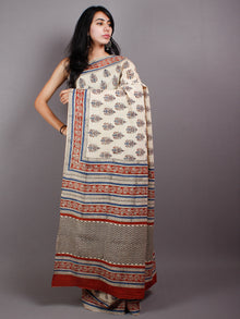 Beige Blue Red Cotton Hand Block Printed Saree in Natural Colors - S03170499