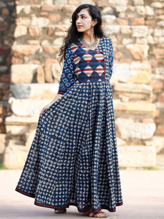 Indigo White Maroon Hand Block Cotton Dress Voluminous Flare