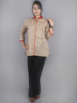 Beige Red Hand Block Printed Shirt- S3517005