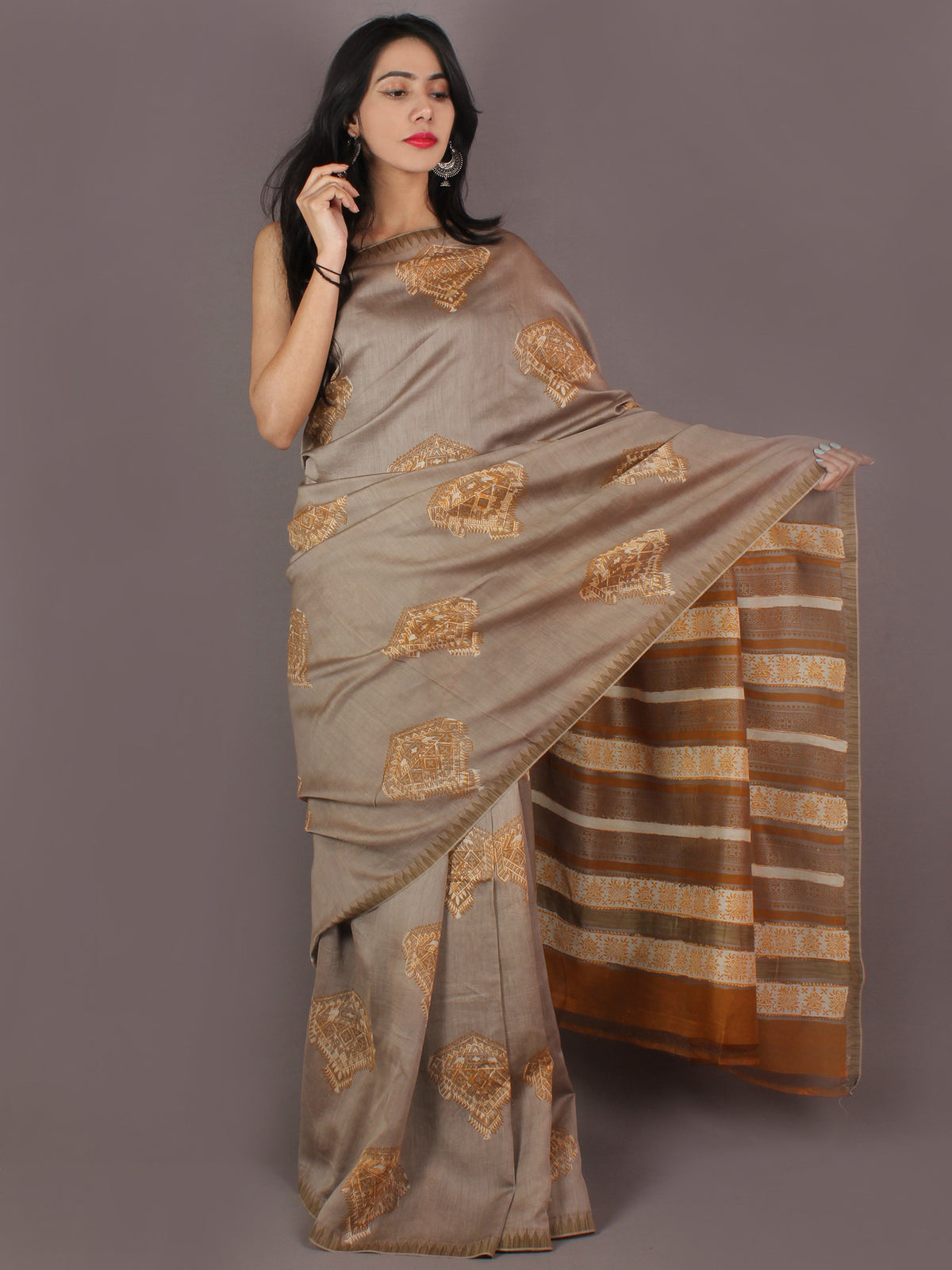 Beige Brown Bagru Hand Block Printed Chanderi Saree With Geecha Border - S03170305