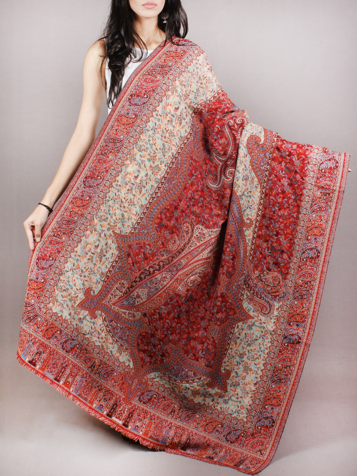 Beige Maroon Red Pure Wool Kani Jamawar Cashmere Shawl From Kashmir - S200104