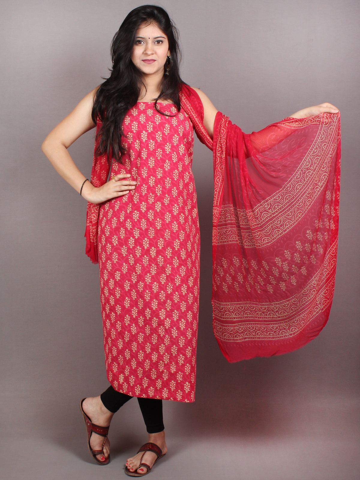 Red White Hand Block Printed Cotton Suit-Salwar Fabric With Chiffon Dupatta - S1628045