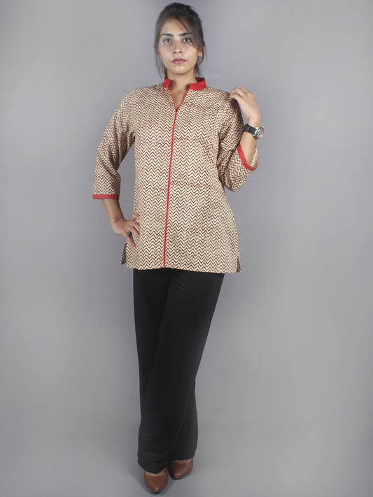 Beige Red Hand Block Printed Shirt- S3517005