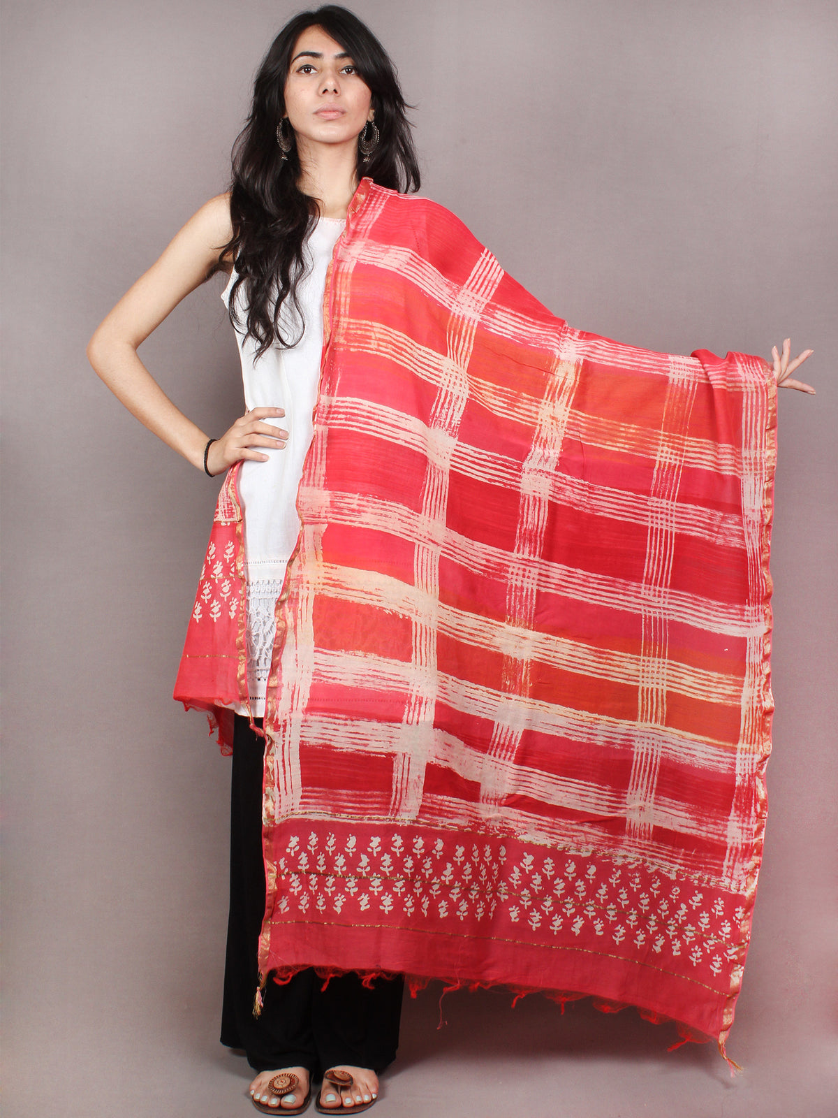 Brick Red Beige Chanderi Hand Painted Dupatta With Orange Putai - D0417099
