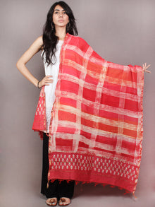 Brick Red Beige Chanderi Hand Painted Dupatta With Orange Putai - D0417099