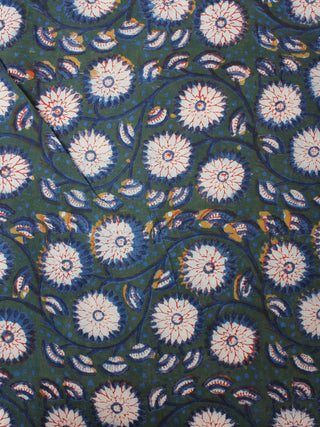 Deep Green Ivory Blue Hand Block Printed Cotton Cambric Fabric Per Meter - F0916403