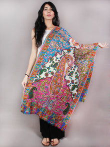 Ivory Multi Color Aari Embroidery Pure Wool Cashmere Stole from Kashmir - S6317077