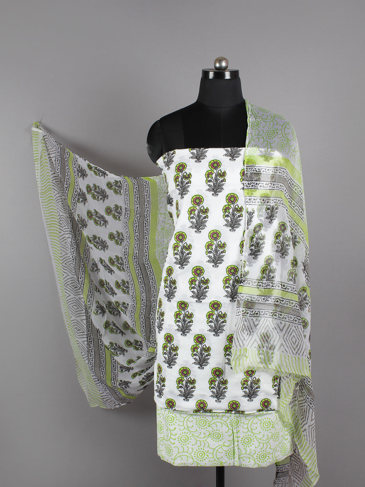 Ivory Grey Green Hand Block Printed Cotton Suit-Salwar Fabric With Chiffon Dupatta - S16281234