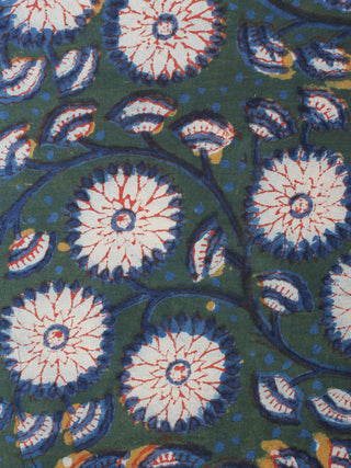 Deep Green Ivory Blue Hand Block Printed Cotton Cambric Fabric Per Meter - F0916403