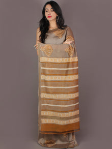 Beige Brown Bagru Hand Block Printed Chanderi Saree With Geecha Border - S03170305