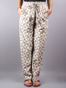 Beige Hand Block Printed Elasticated Waist Trousers- T0317005