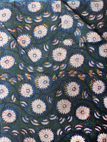 Deep Green Ivory Blue Hand Block Printed Cotton Cambric Fabric Per Meter - F0916403
