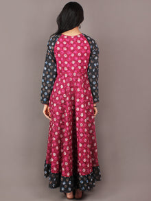 Pink Black Multi Color Indigo Beige Ivory Hand Block Printed Long Cotton Dress With Gather - D0641309