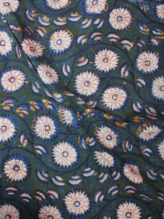 Deep Green Ivory Blue Hand Block Printed Cotton Cambric Fabric Per Meter - F0916403