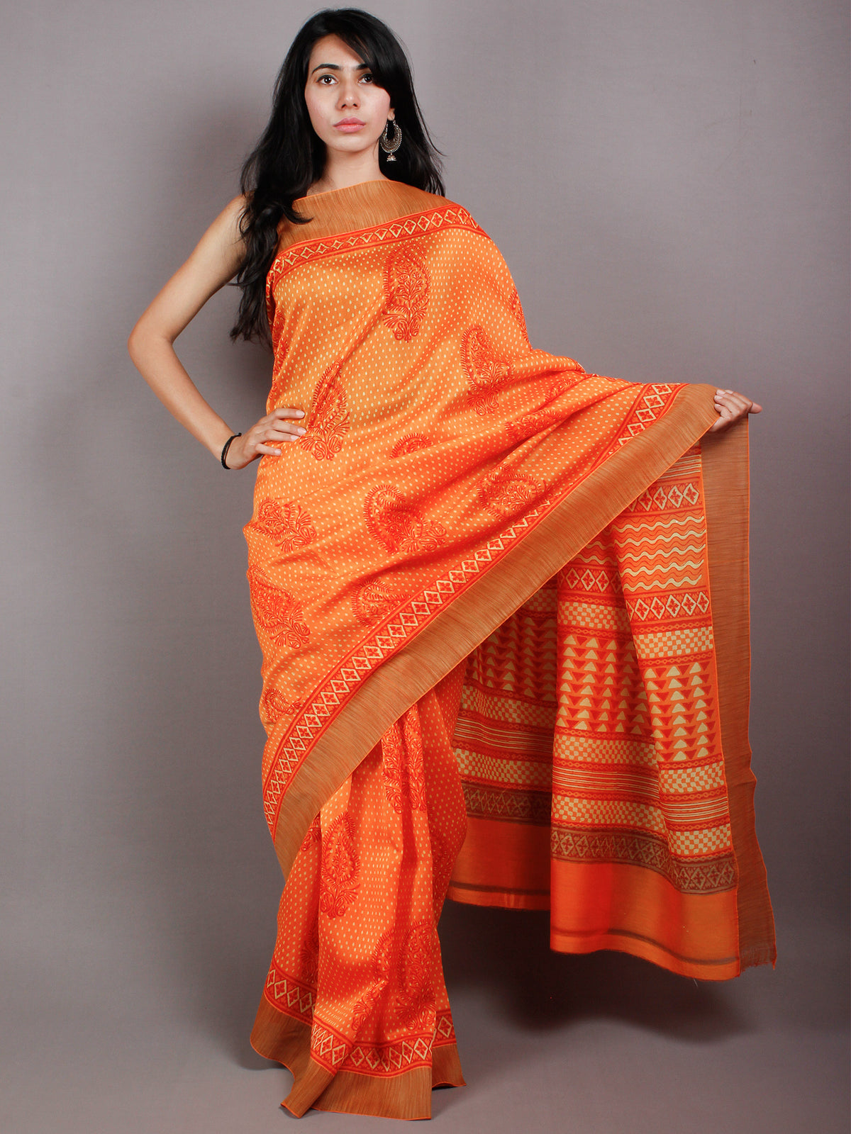 Orange Red Yellow Hand Block Printed in Natural Vegetable Colors Chanderi Saree With Geecha Border - S03170501