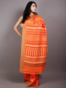Orange Red Yellow Hand Block Printed in Natural Vegetable Colors Chanderi Saree With Geecha Border - S03170501