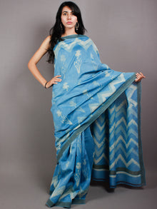 Sky Blue Ivory Hand Block Printed in Natural Vegetable Colors Chanderi Saree With Geecha Border - S03170503