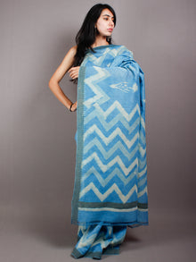 Sky Blue Ivory Hand Block Printed in Natural Vegetable Colors Chanderi Saree With Geecha Border - S03170503