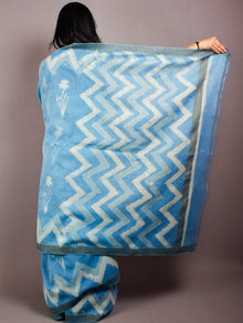 Sky Blue Ivory Hand Block Printed in Natural Vegetable Colors Chanderi Saree With Geecha Border - S03170503