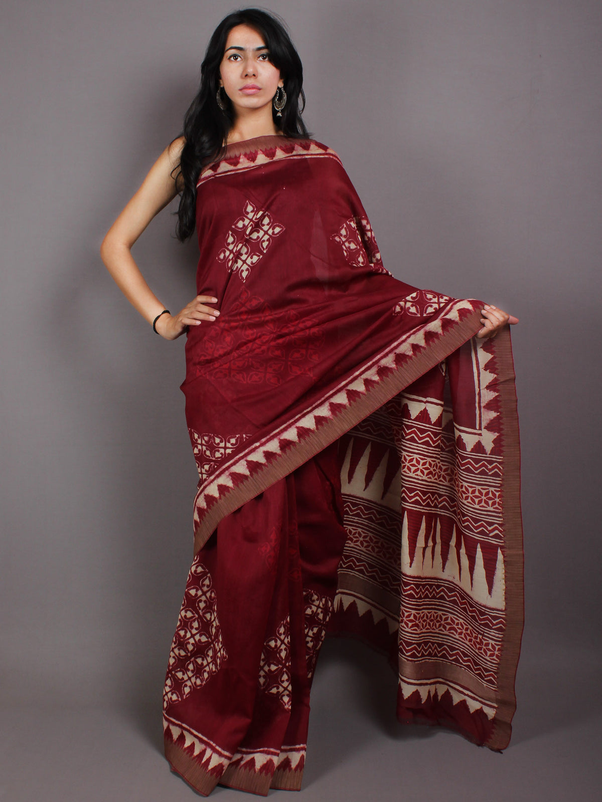 Cherry Beige Hand Block Printed in Natural Vegetable Colors Chanderi Saree With Geecha Border - S03170504